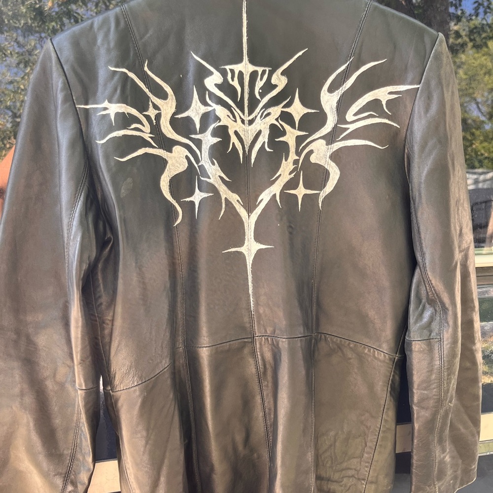 Nine West Black Leather Jacket with Hand Tattooed White Design